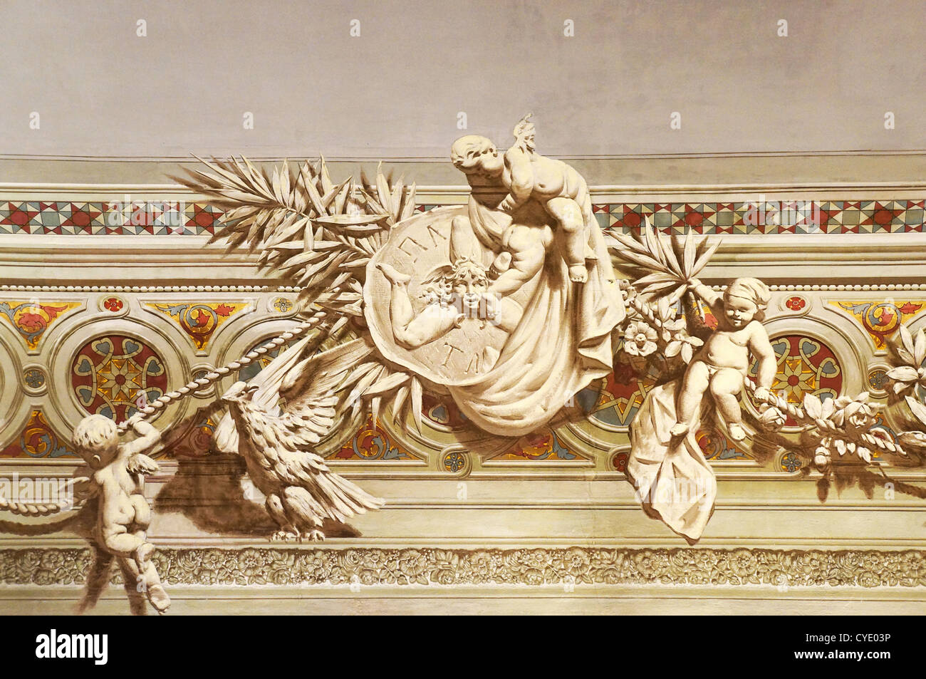 Nahaufnahme von einer Wandmalerei gemacht mit der Trompe l ' œil-Technik Stockfoto