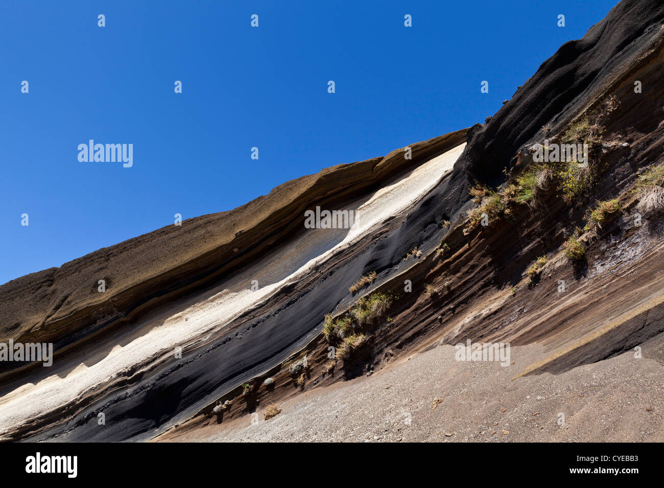 La Curva De La Tarta, biegen Sie auf dem Weg durch die Las Canadas del Teide National Park mit verschiedenen farbigen Gesteinsschichten, Stockfoto