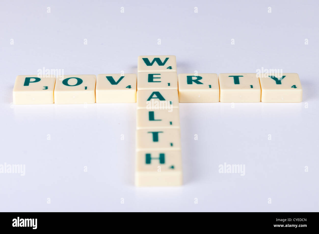 "Reichtum Armut" ausgeschrieben mit Scrabble-Buchstaben-Fliesen in der Form eines Kreuzes. Stockfoto