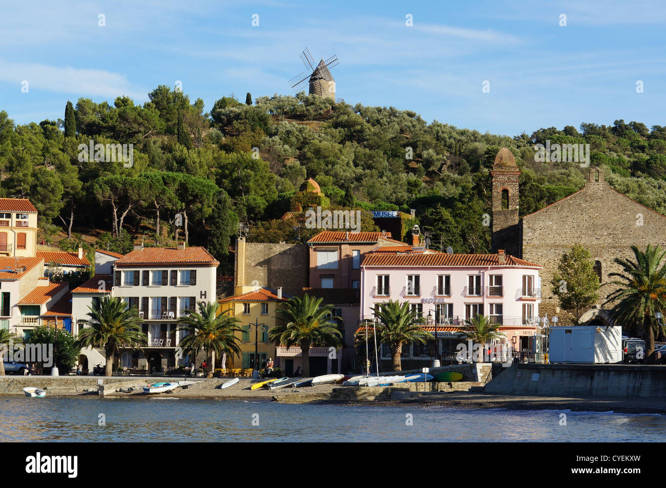Hafen von Collioure Dorf mit einer Windmühle auf dem Hügel, Roussillon, Mittelmeerküste, Pyrenees Orientales, Frankreich Stockfoto