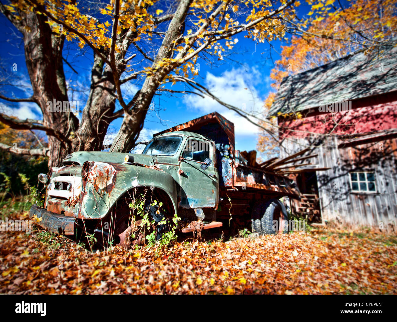 Bild aus einem alten verlassenen LKW und einer Scheune im Herbst Stockfoto