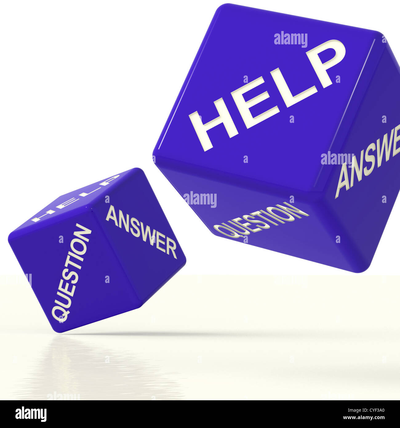 Frage, Antwort und Hilfe blauer Würfel als Symbol für die Unterstützung Stockfoto