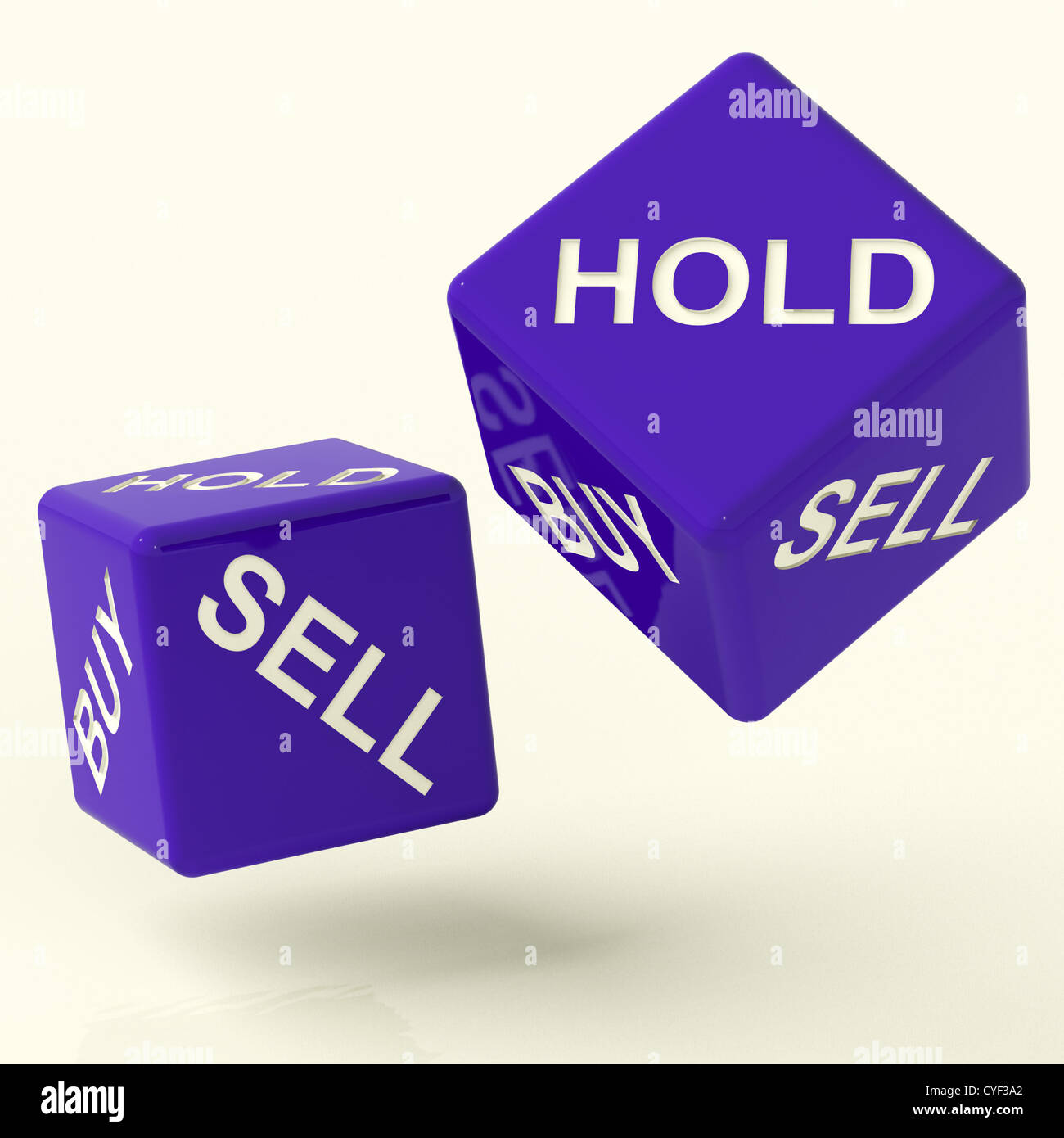 Halten Sie kaufen und verkaufen blau Würfeln die Marktstrategie Stockfoto