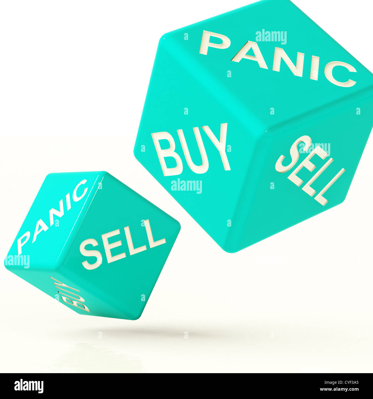 Kaufen Sie Panik zu und verkaufen Sie blaue Würfel, Turbulenzen an den Finanzmärkten darstellt Stockfoto