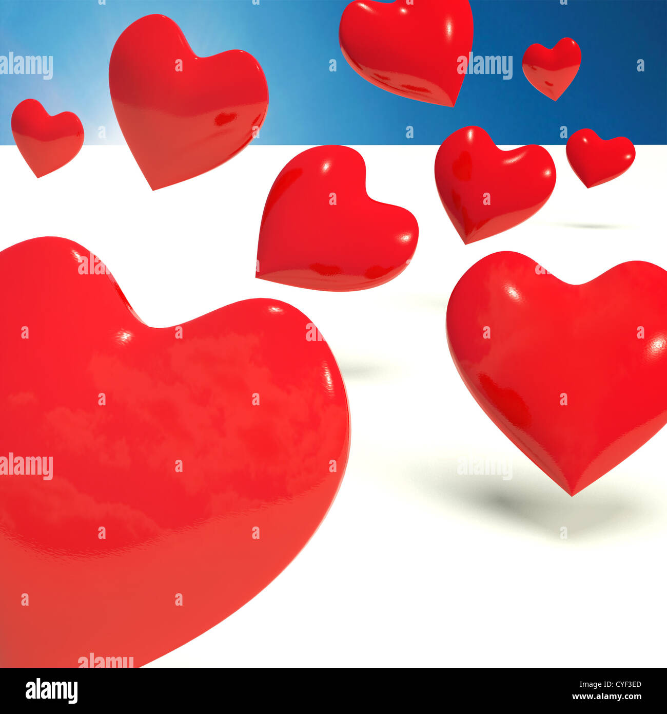 Fallende rote Herzen, Liebe und Anbetung darstellt Stockfoto