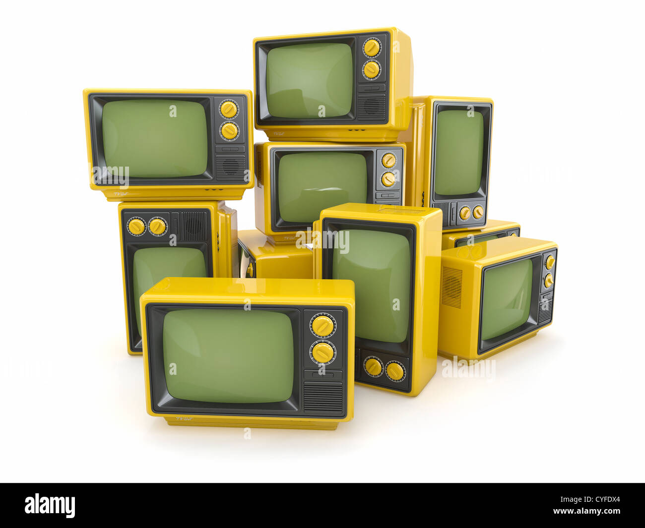 Haufen von Vintage tv auf weißem Hintergrund. 3D Stockfoto