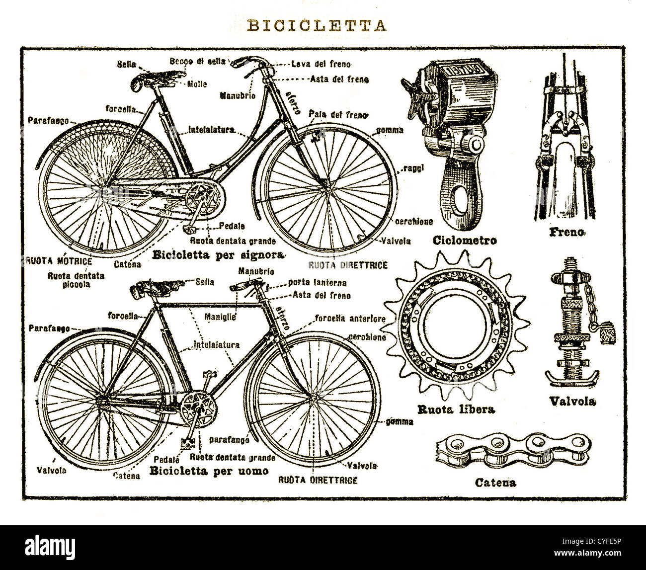 Vintage schwarze und weiße Tabelle: Fahrrad und mechanische Teile Stockfoto