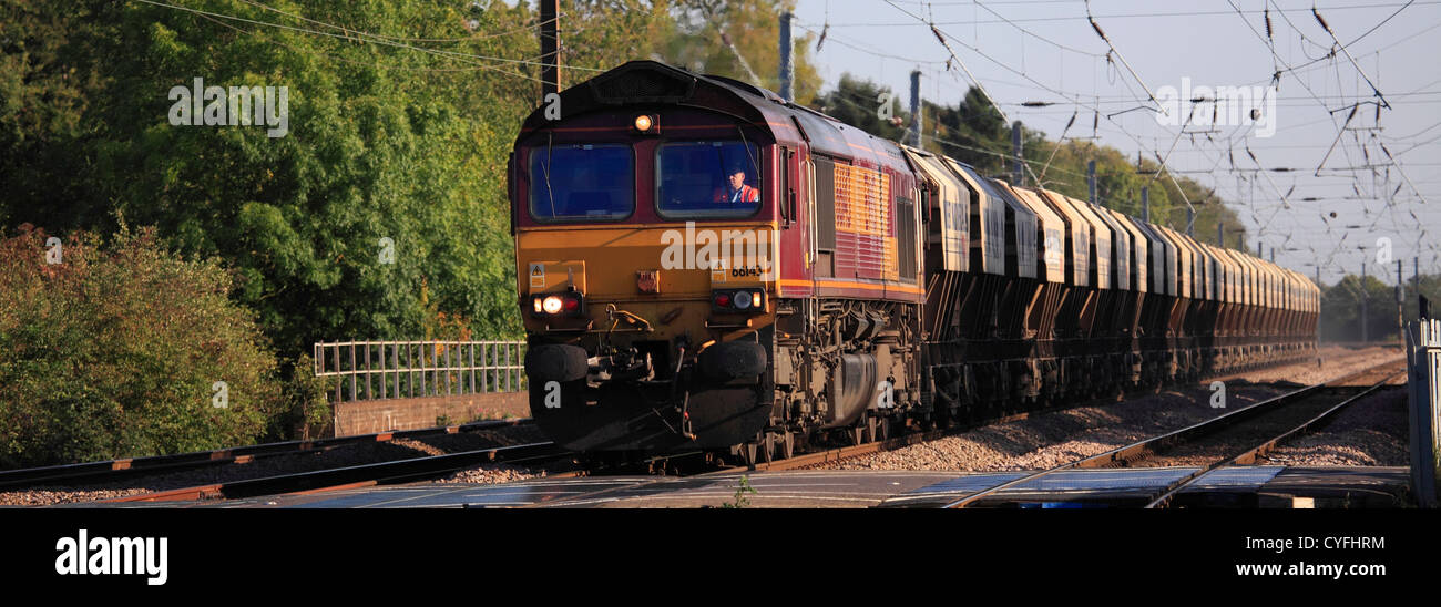 EWS 66143 angetrieben Diesel Güterzug ziehen Container, East Coast Main Line, Peterborough, Cambridgeshire Stockfoto