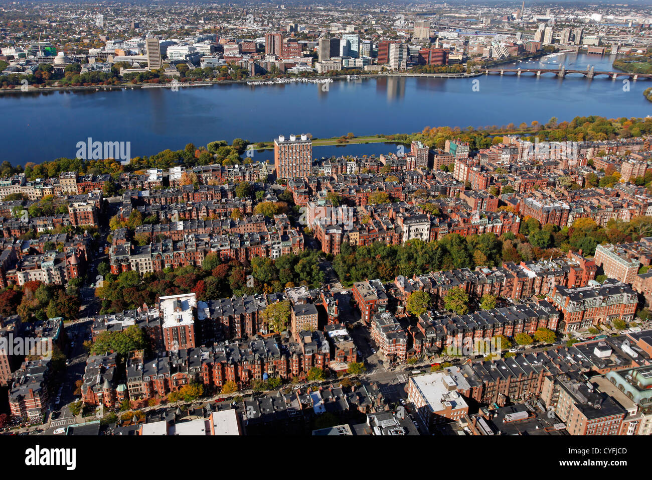 Allgemeine Luftaufnahme der Skyline von Boston und Charles River in Boston, Massachusetts, Amerika Stockfoto