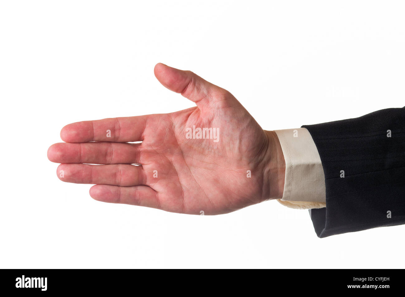 Offene Hand Mann sagen Hallo, weißen Hintergrund isoliert. Stockfoto