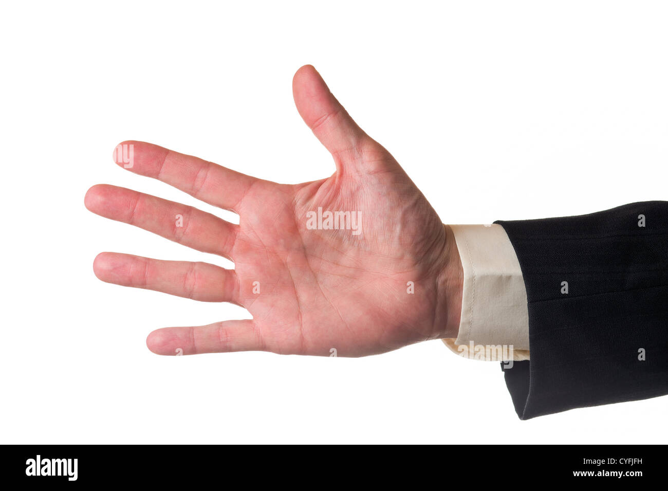 Mann mit fünf Fingern, Anzug Ärmel und weiß isoliert Hintergrund. Stockfoto