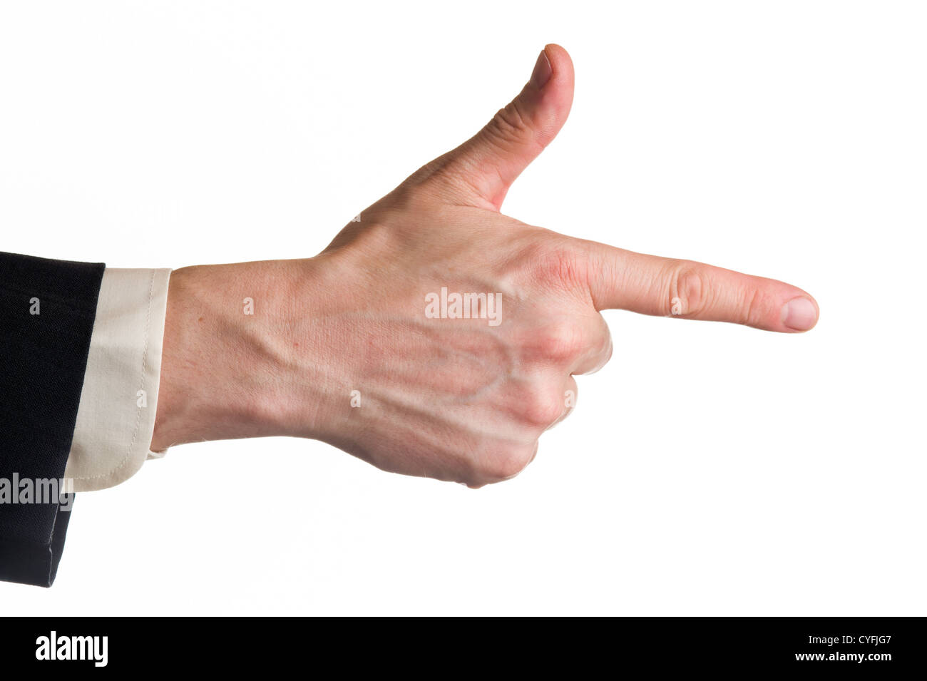 Mannes Index Zeigefinger, Anzug und weißen Hintergrund isoliert. Stockfoto