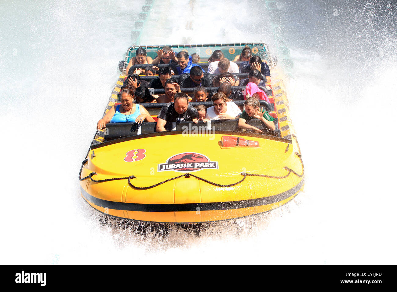 Jurassic Park: The Ride eine wässrige Amusement ride in den Universal Studios Hollywood. Stockfoto