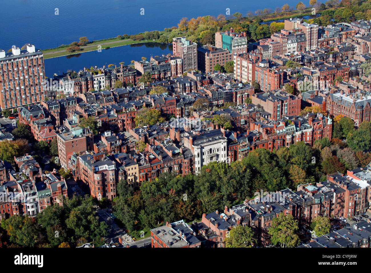 Allgemeine Luftaufnahme der Skyline von Boston und Charles River in Boston, Massachusetts, Amerika Stockfoto
