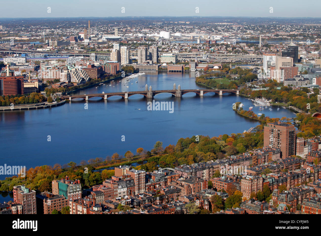 Allgemeine Luftaufnahme der Skyline von Boston und Charles River in Boston, Massachusetts, Amerika Stockfoto