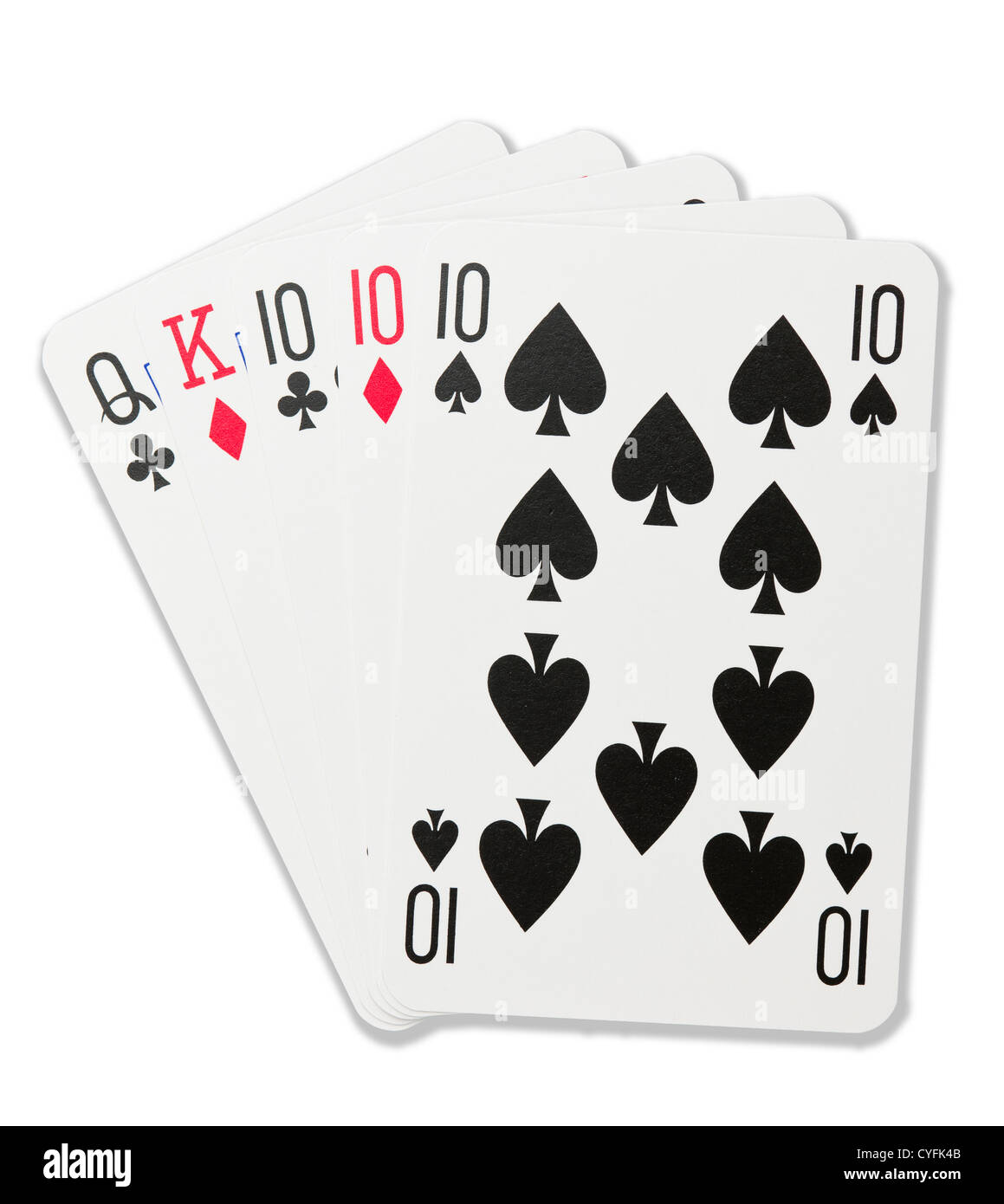 Karten spielen, einen Drilling in der Poker, weißer Hintergrund. Stockfoto