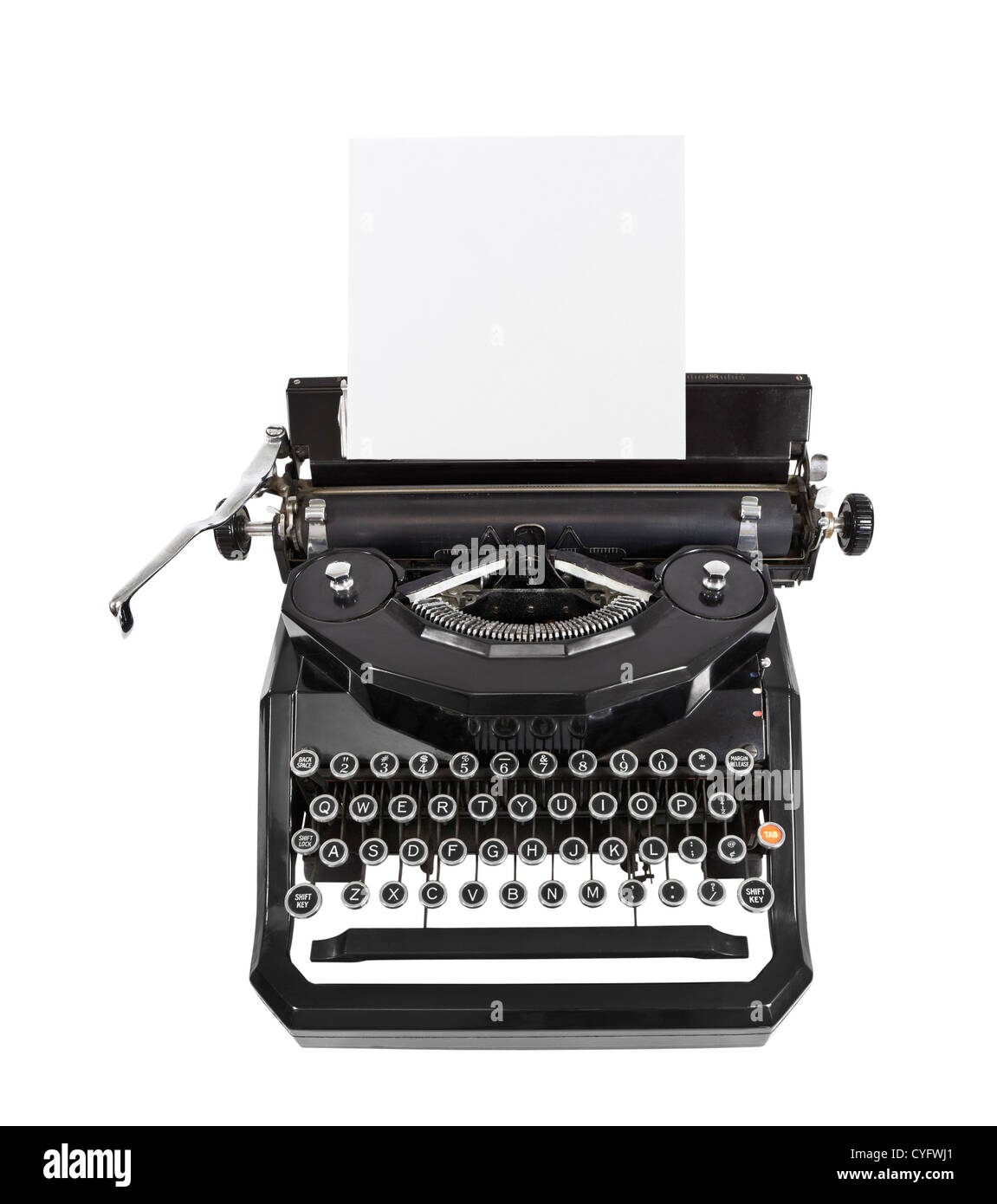 Klassische Vintage schwarze Schreibmaschine mit Papier isoliert. Stockfoto