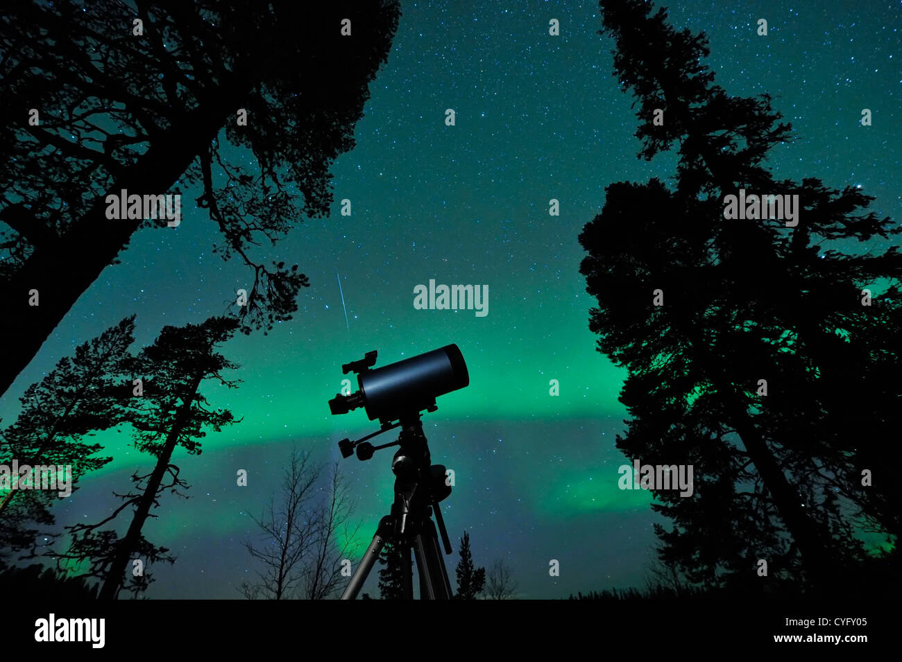 Polarstern, Big Dipper, Sternschnuppe und Aurora Borealis gleichzeitig am Himmel. Stockfoto
