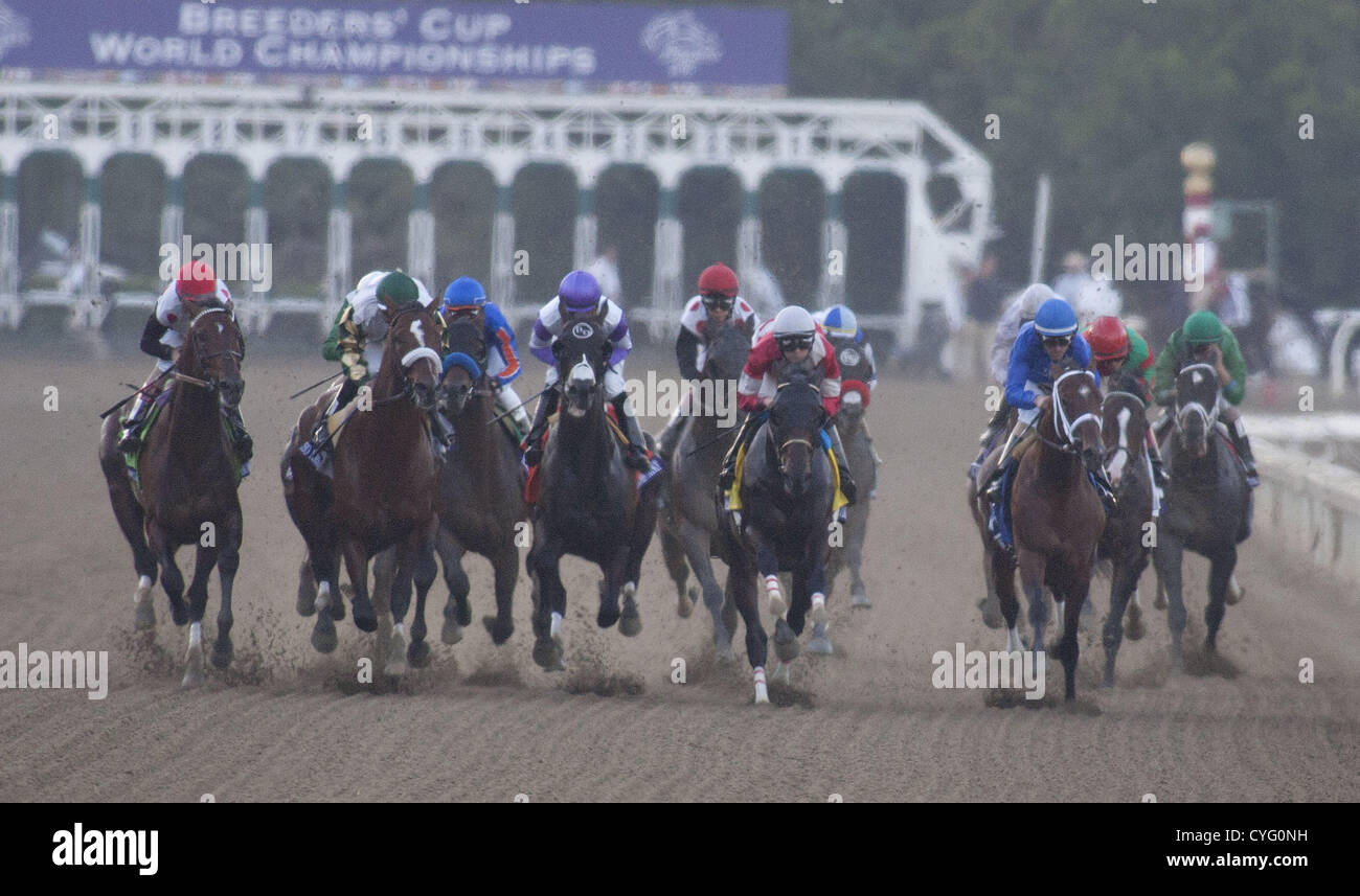 3. November 2012 - Arcadia, Kalifornien, USA - Jockey Brian Hernandez Jr. (rechts) auf Fort Larned gewinnt vor Mike Smith (links) auf Mucho Macho Man bei der Breeders' Cup Classic (5 Millionen US $ Preis) im Santa Anita Park am 3. November 2012 in Arkadien, California.ARMANDO ARORIZO/PI (Credit-Bild: © Armando Arorizo/Pi/Prensa Internacional/ZUMAPRESS.com) Stockfoto