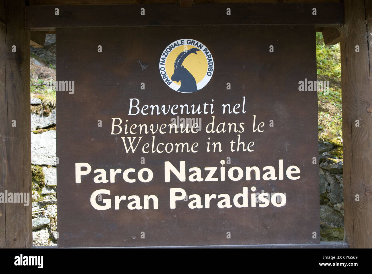 Italien Aosta/Gran Paradiso Nat. Park-signage Stockfoto