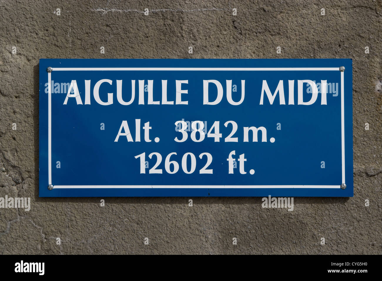 Mont Blanc - Beschilderung an der Aiguille du Midi Seilbahn Station [Frankreich] Stockfoto