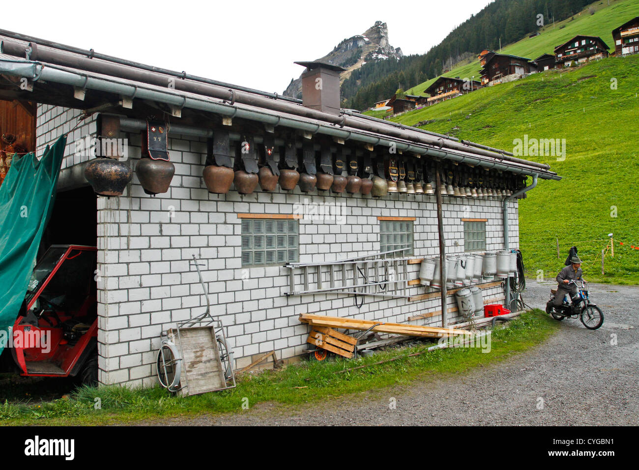 Kuhglocken, organisiert unter dem Dach einer Ziegel-Scheune, Gimmelwald, Schweiz Stockfoto
