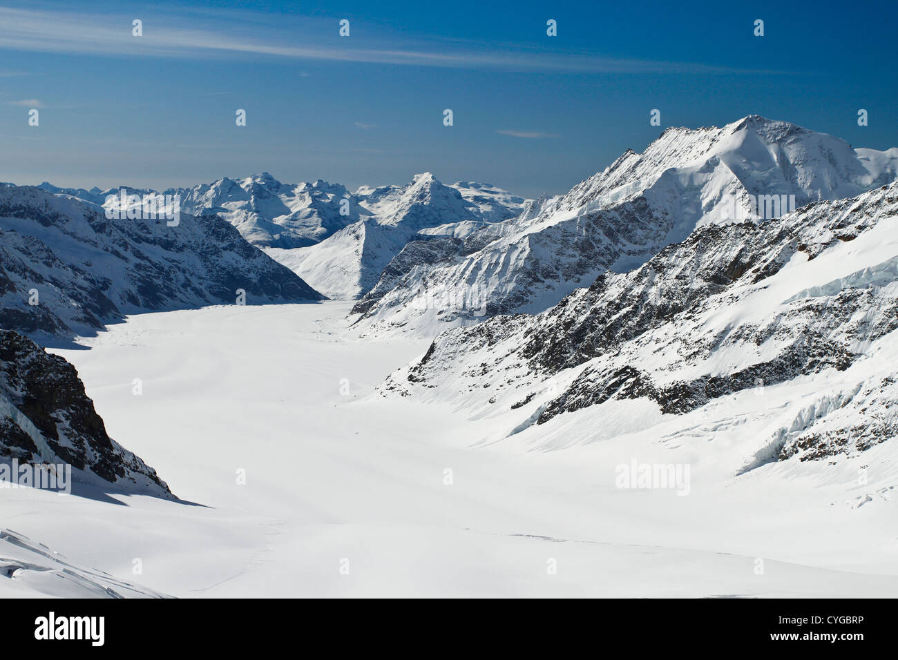 Aletschgletscher (Aletschgletschers) vom Jungfraujoch "Top of Europe" gesehen. Der Gletscher ist der größte und längste in Europa. Stockfoto
