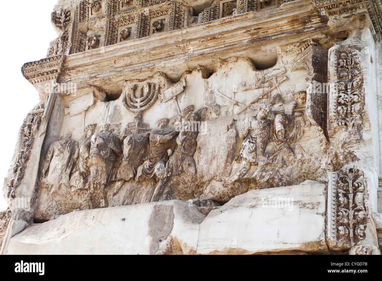 Detail der Titus-Bogen mit dem Sieg über Jerusalem 70 n. Chr. Stockfoto