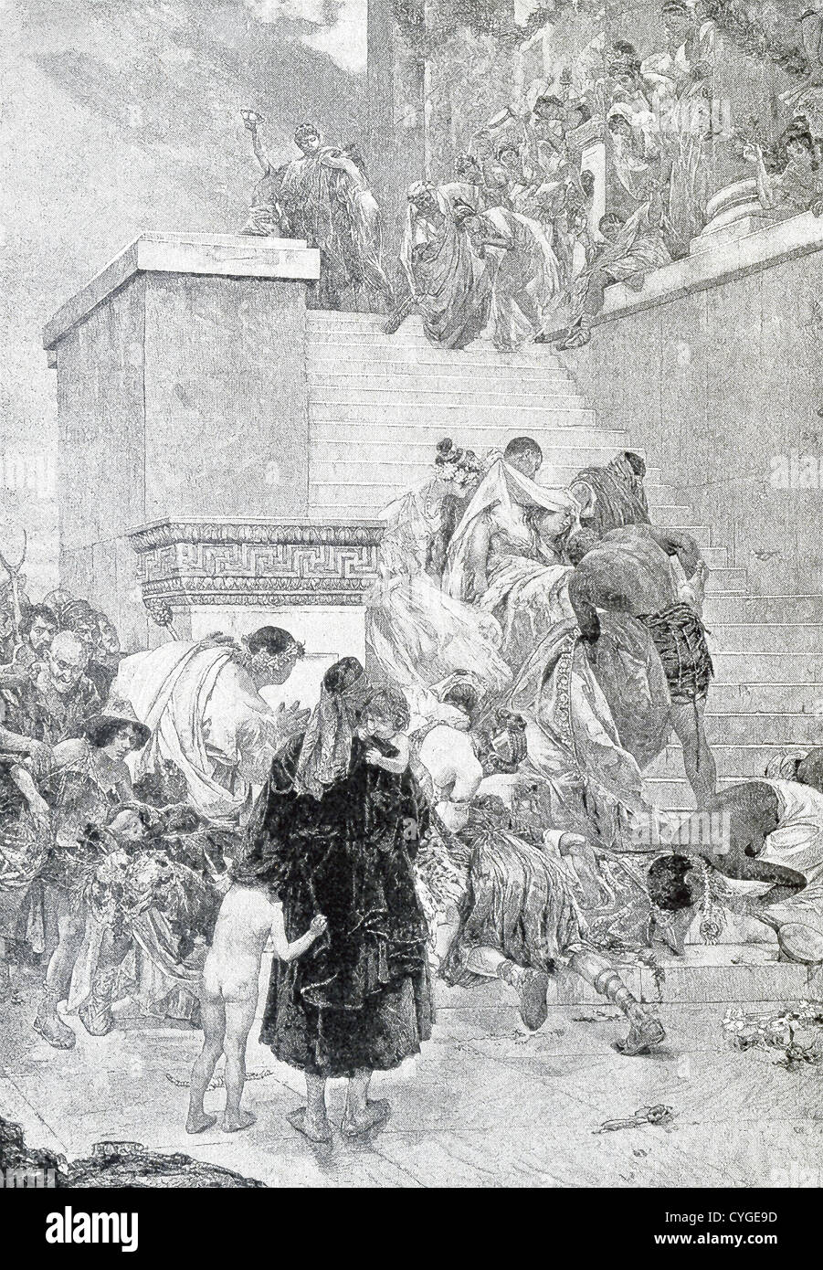 Rom Kaiser Nero Standby die Leiche seiner toten Mutter Agrippina beförderten die Treppe hinauf. Stockfoto