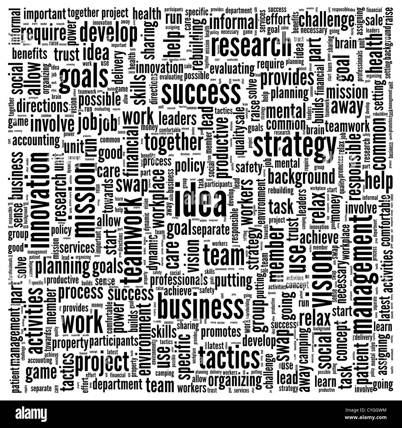 Idee und Business Konzept in Wort-Tag-Cloud auf weißem Hintergrund Stockfoto