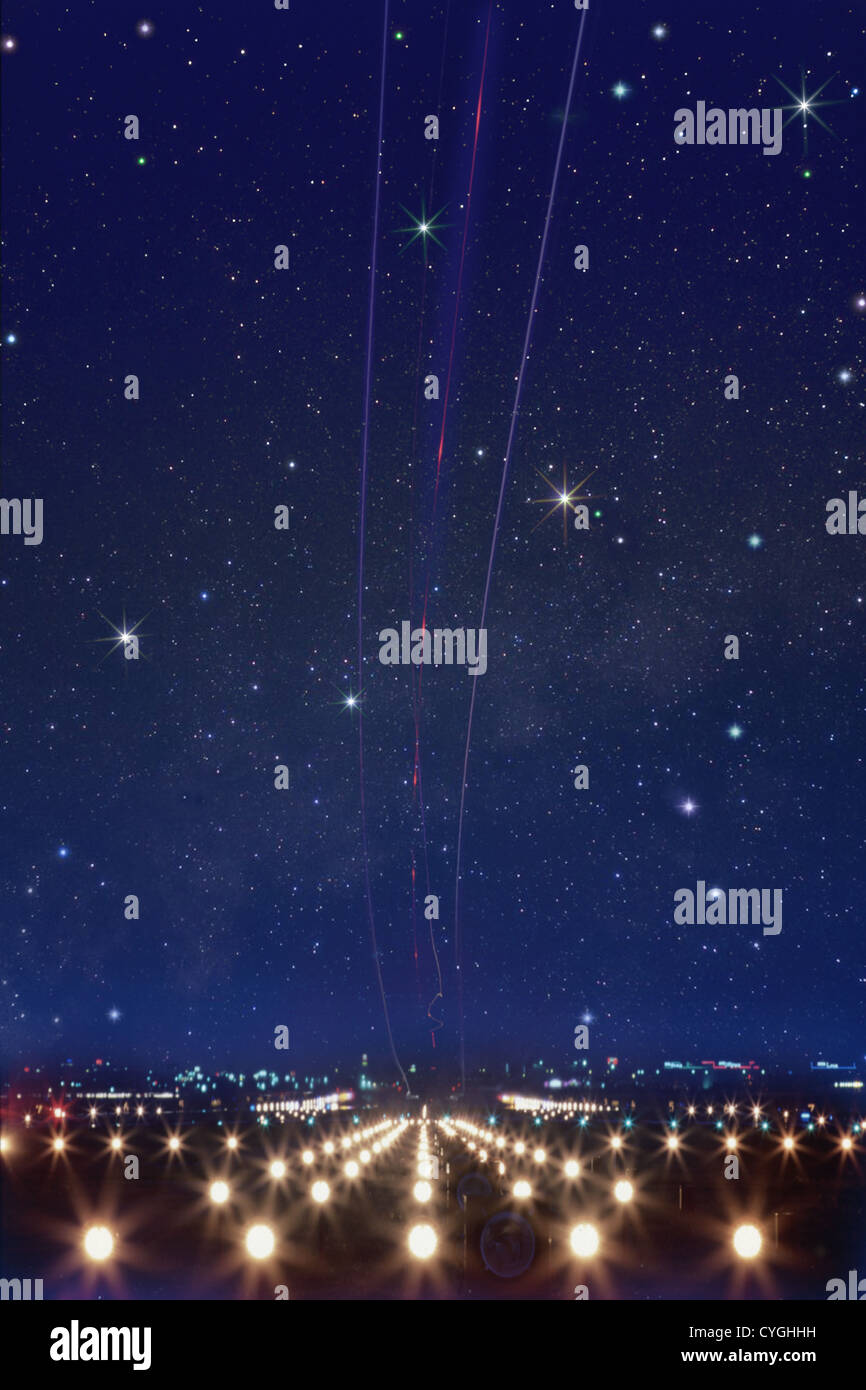 Flugzeug abheben und die Sterne am Nachthimmel Stockfoto