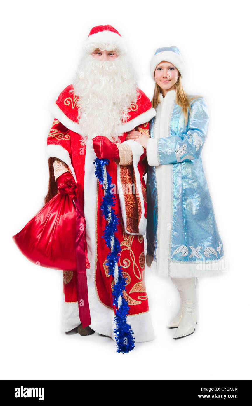 Vater Frost (Santa) mit delikatem (Schneewittchen) - traditionelle russische Begleiter von Väterchen Frost (Santa Claus) Stockfoto