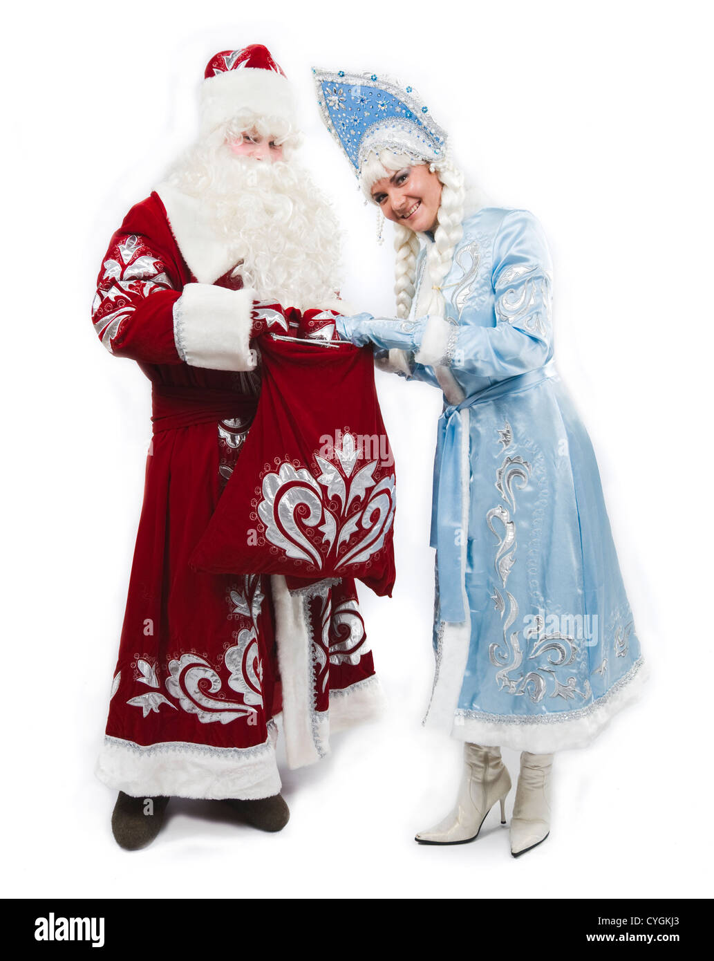 Vater Frost (Santa) mit delikatem (Schneewittchen) - traditionelle russische Begleiter von Väterchen Frost (Santa Claus) Stockfoto