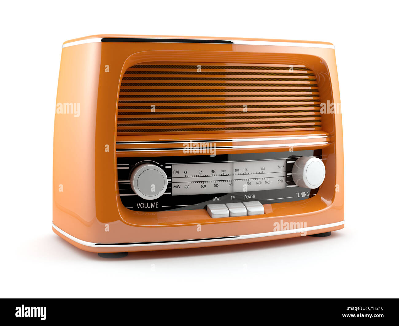 3D Illustration orange Retro-Radio. Isoliert auf weißem Hintergrund Stockfoto