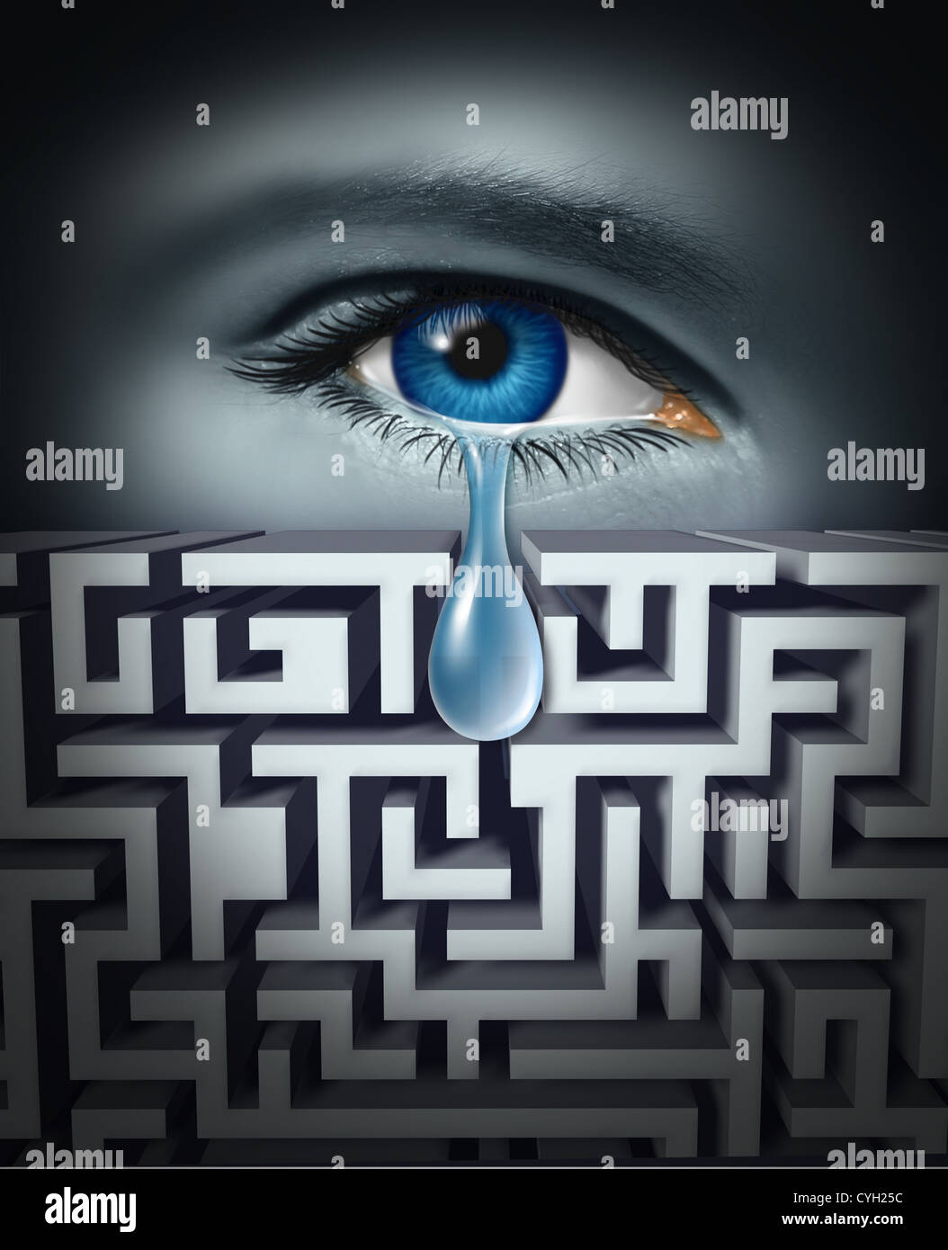 Schmerztherapie und den Umgang mit menschlichen physischen oder psychischen Leiden mit einem Auge Weinen eine einzelne Träne durch ein Labyrinth oder Labrynth als Konzept für die Suche nach Lösungen auf emotionalen Stress im Zusammenhang mit arbeiten oder Leben. Stockfoto