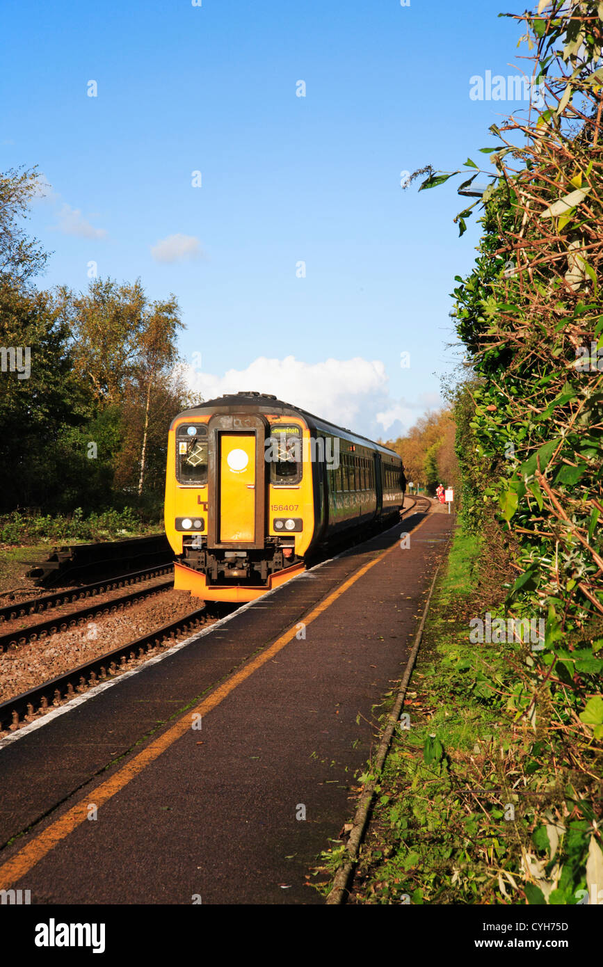 Ein Diesel-Zug angehalten auf die Wherry Schlangen am Haddiscoe Bahnhof, Norfolk, England, Vereinigtes Königreich. Stockfoto