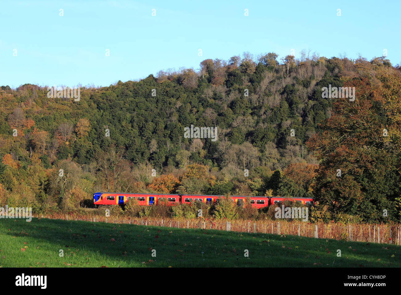 Trainieren Sie am Fuße der Box Hill, Surrey, England Stockfoto