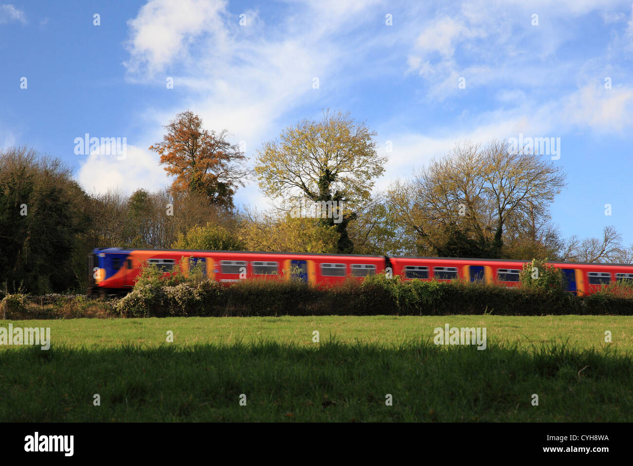 Zug fahren durch Felder von Norbury Estate, Surrey, England Stockfoto