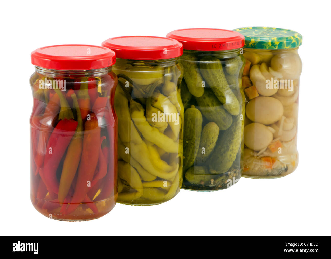Nahrungsquelle für den Winter. Pilz-Paprika und Gurken im Glas Töpfe isoliert auf weißem Hintergrund erhalten. Ökologischen natürlichen Stockfoto