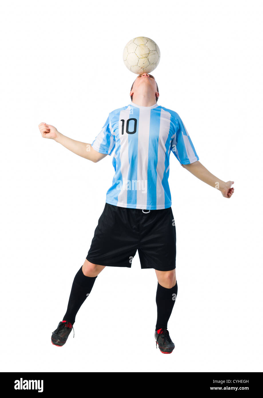Fußball-Spieler steuern einen Ball mit dem Kopf. Stockfoto