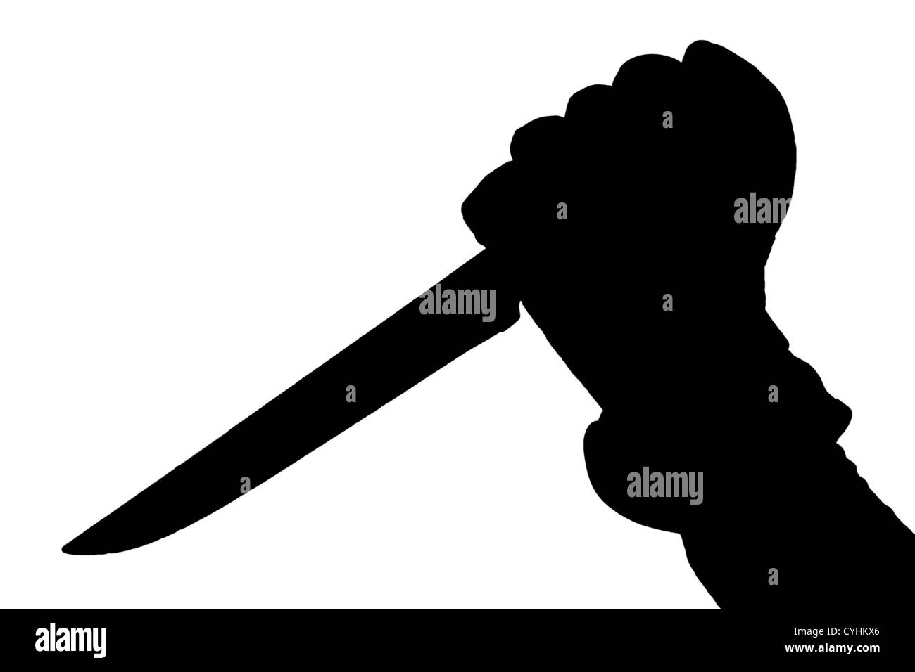 Silhouette einer Hand mit einem Messer mit gefiederten Ränder. Weißer Hintergrund, isoliert. Stockfoto
