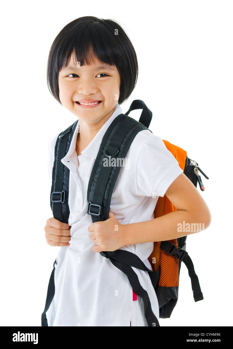 7 Jahre pan-asiatische Schulmädchen auf weißem Hintergrund Stockfoto