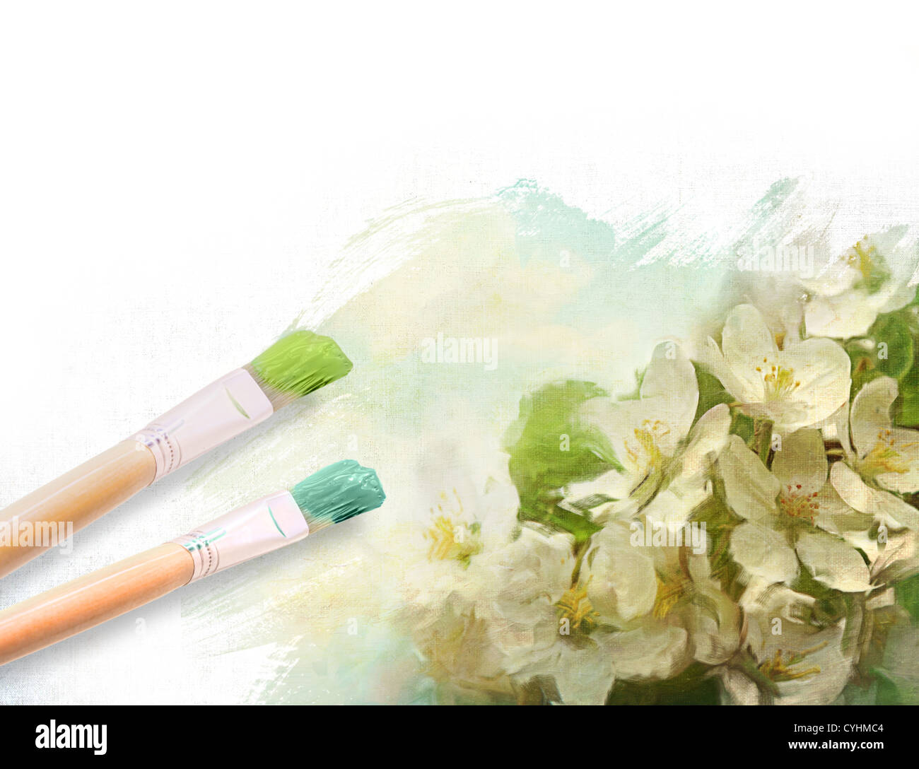 Künstler-Pinsel mit einem halb fertigen floralen Segeltuch gemalt Stockfoto