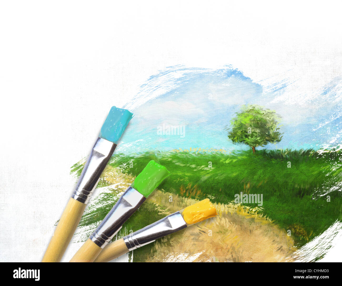 Künstler-Pinsel mit einem halb fertigen bemalte Leinwand der Landschaft Stockfoto