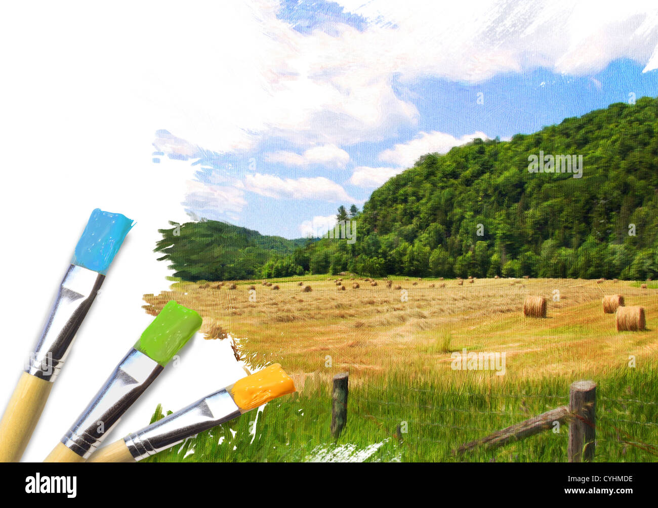 Künstler-Pinsel mit einem halb fertigen Leinwand des ländlichen Landschaft Leinwand gemalt Stockfoto