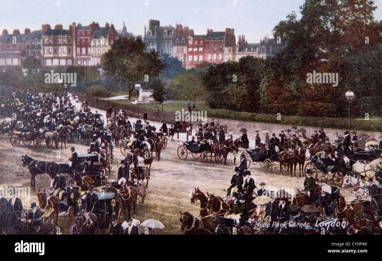 Hyde Park London 1900 s Uk Hansom Cab cabs Edwardian hand getönte Postkarte gesendet 1907. Stockfoto