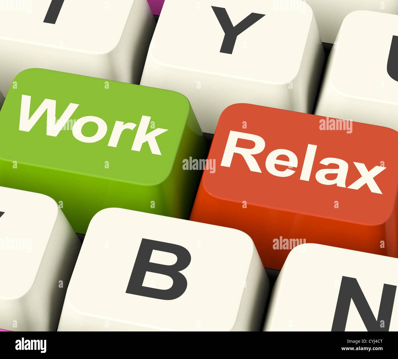 Arbeit entspannen Schlüssel zeigt Entscheidung, eine Pause einzulegen oder Ruhestand beginnen Stockfoto