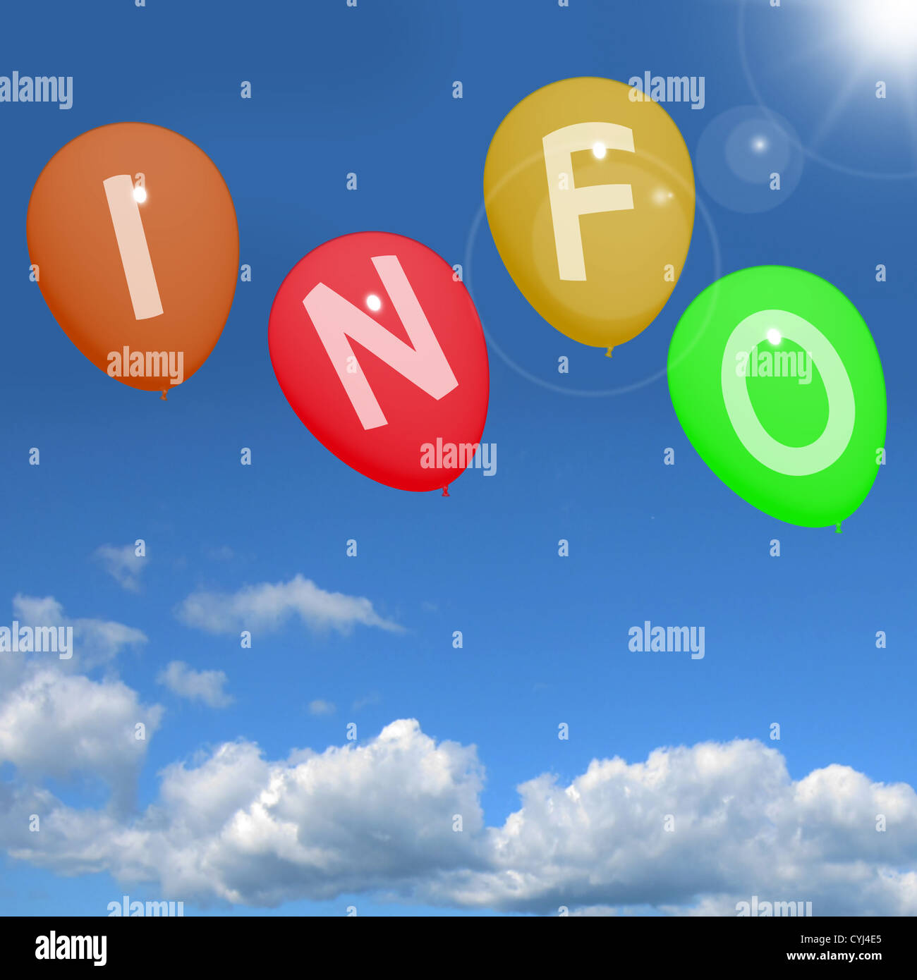 Info Luftballons In den Himmel zeigt Informationen und Unterstützung Stockfoto