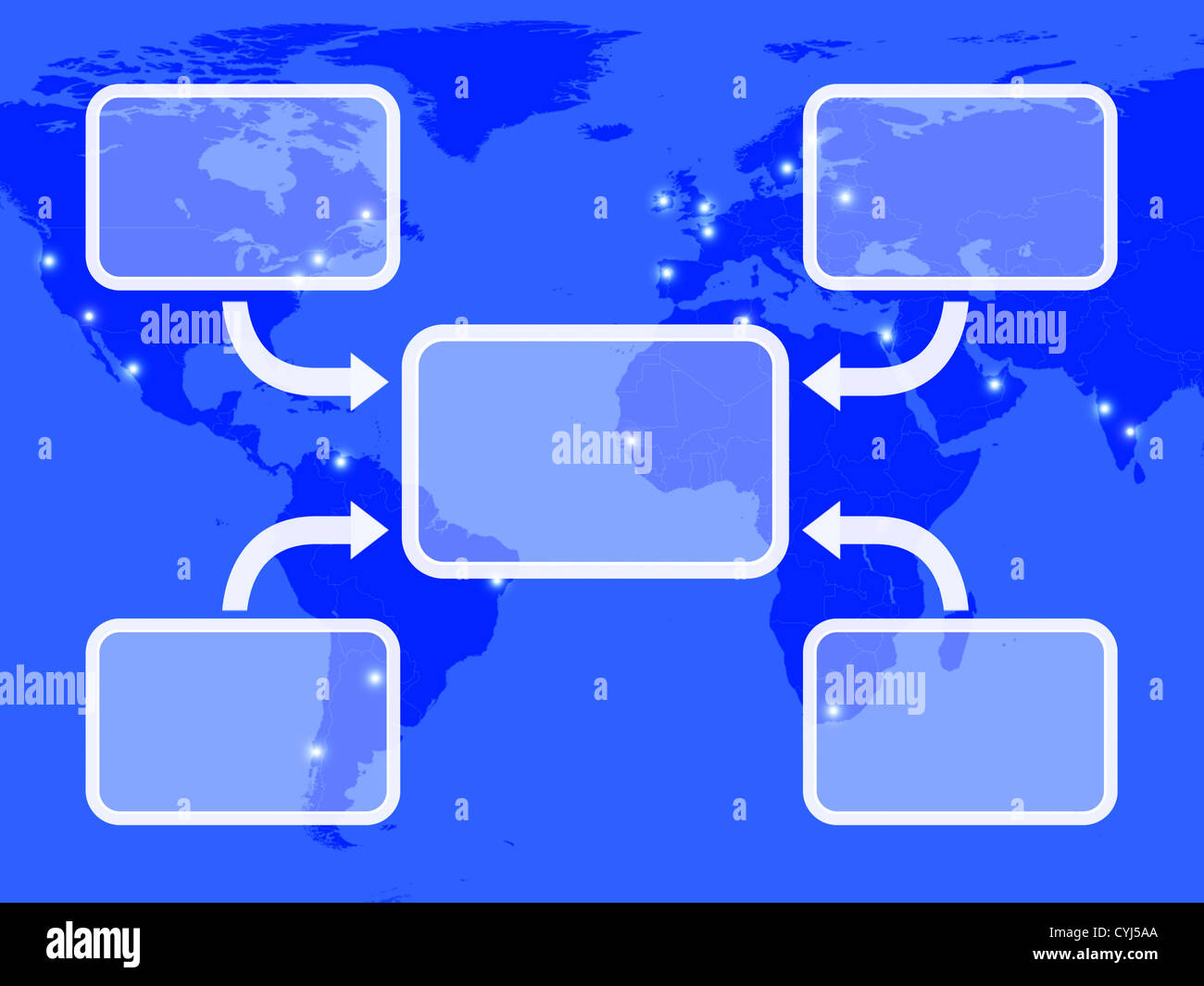 Blaue Diagramm mit vier Pfeilen zeigt Prozess- oder Illustration über eine Karte Stockfoto