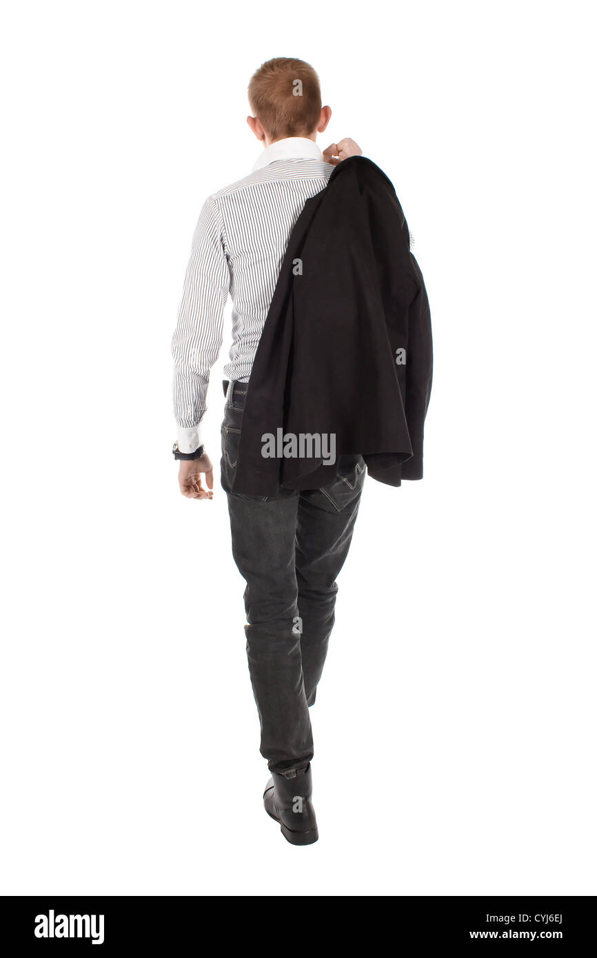 Der schwere Mann geht zurück auf einem weißen Hintergrund. Stockfoto